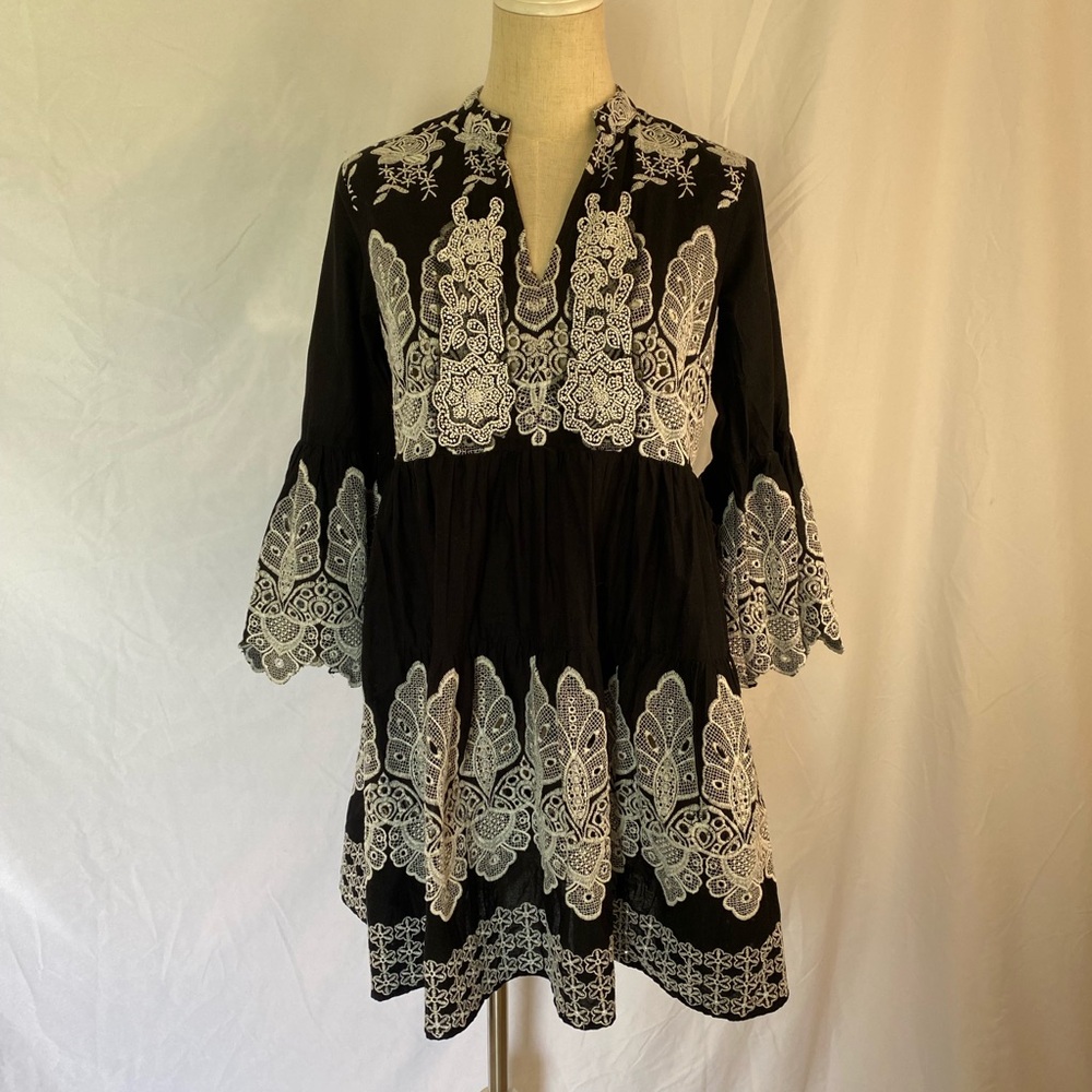Venus Black Embroidered Bell Sleeve Dress